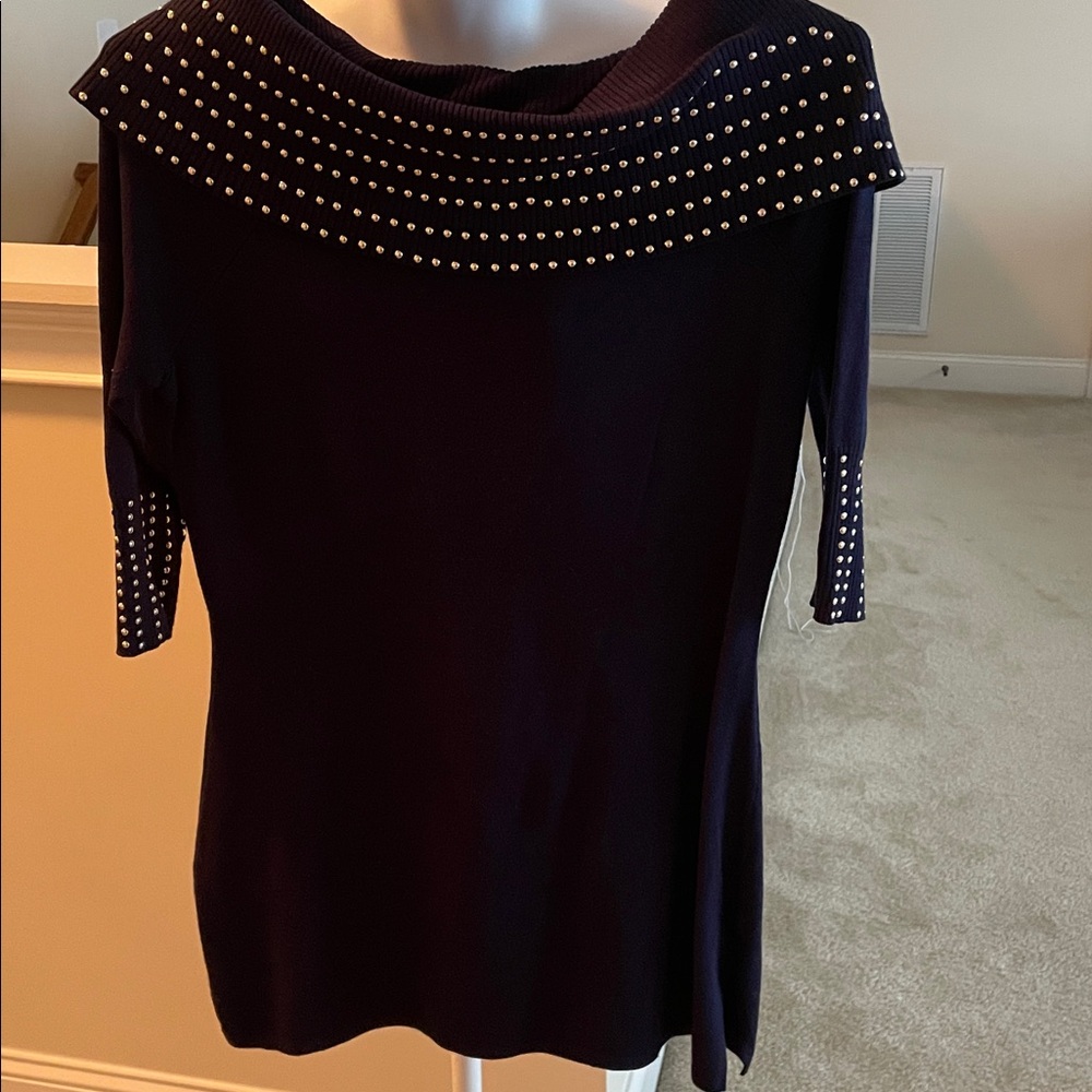 Chic Navy Studded Cowl Neck Sweater